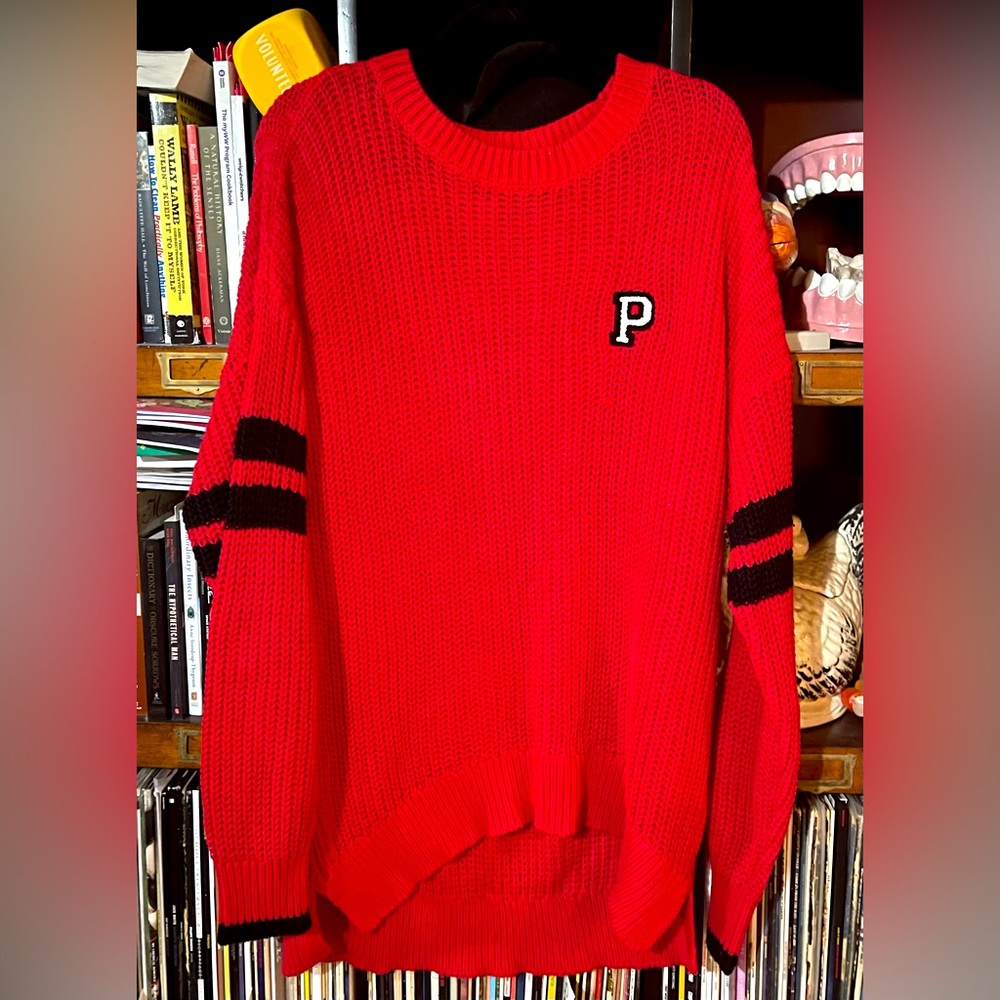 Pink Victorias Secret Large Chunky knit Varsity Sweater pullover hi low